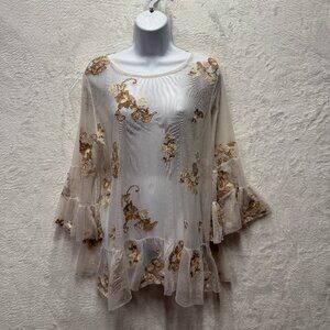 Soft Surroundings Embroidered Mesh Tunic Top Womens XL White Floral Bell Sleeve